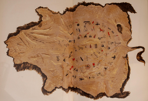 A buffalo hide with markings from a winter count